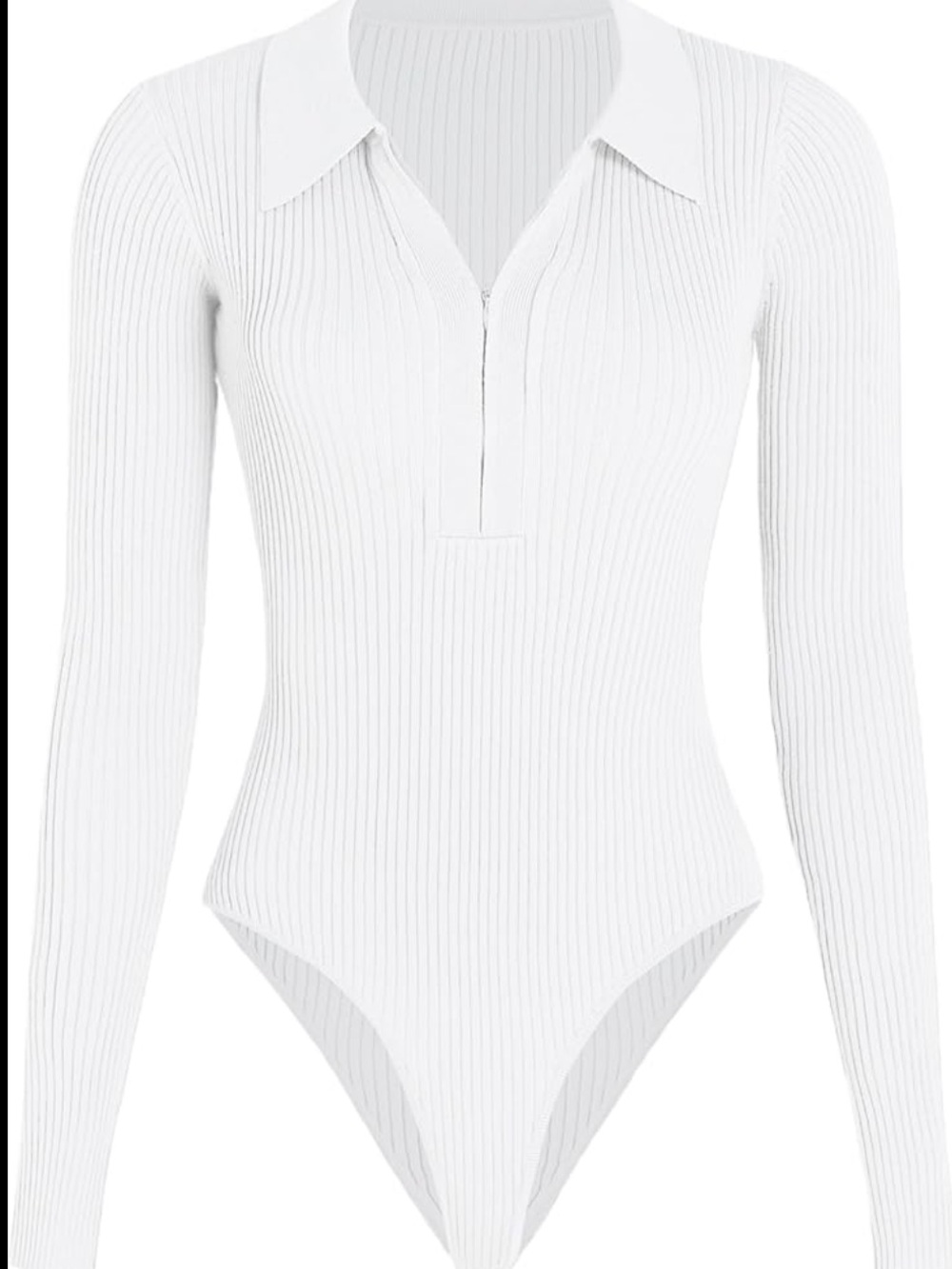 CIDER Women's Long Sleeve Collared Zip Up Ribbed Knit Bodysuit White Casual